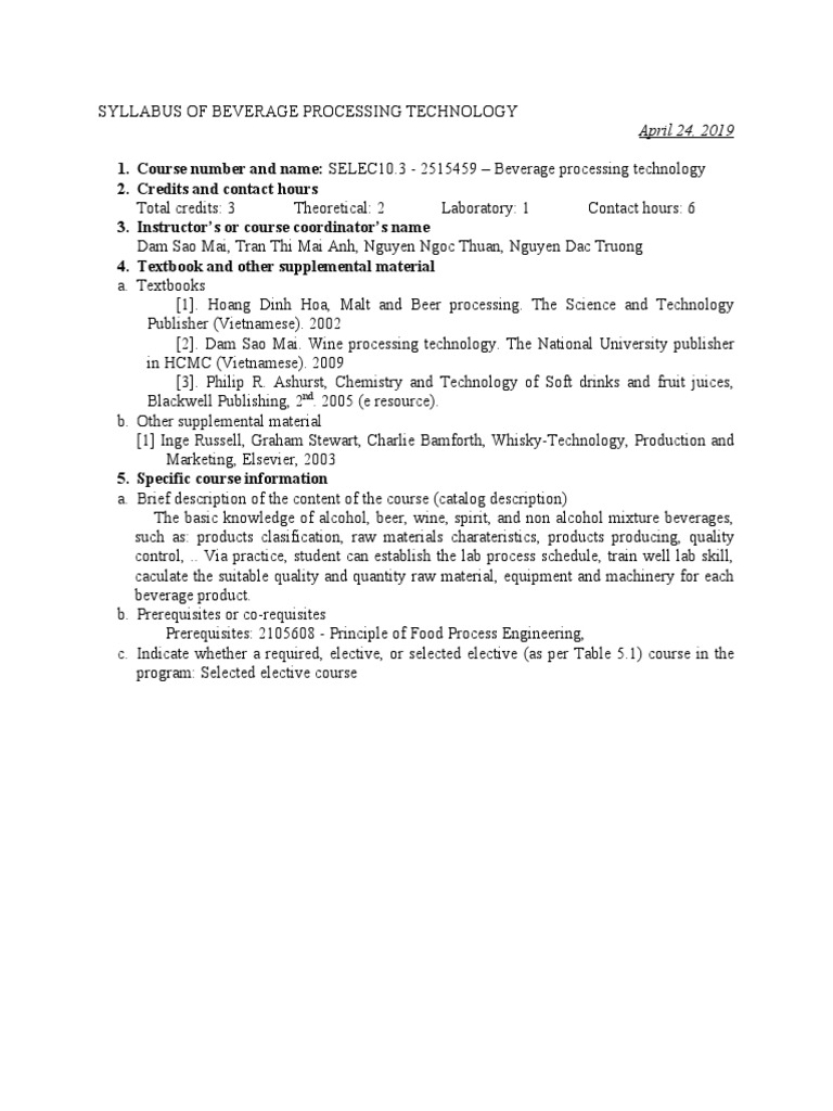 Syllabus of Beverage Processing Technology PDF Drink Food And Drink