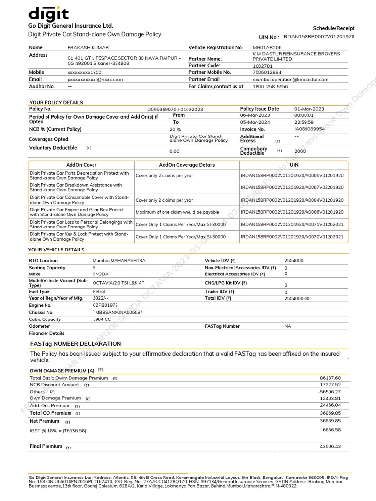 Car Insurance Go Digit Skoda | PDF | Liability Insurance | Insurance