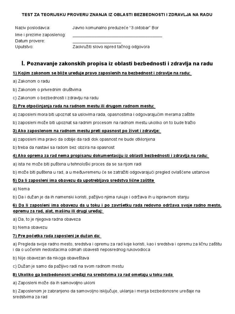 Test Za Teorijsku Proveru Znanja BZR | PDF