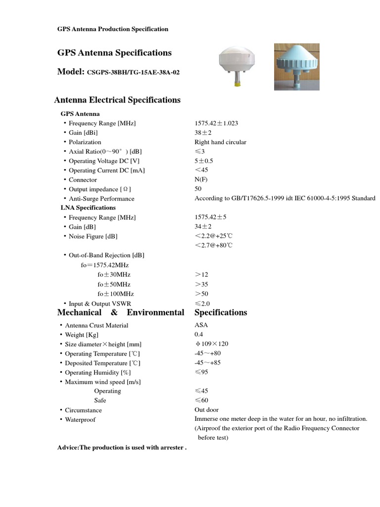 GPS Antenna Specifications Model PDF