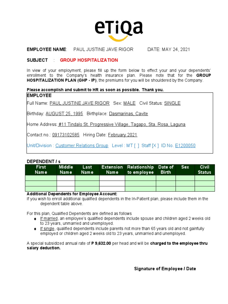 ETIQA ENROLLMENT FORM For Employee PDF