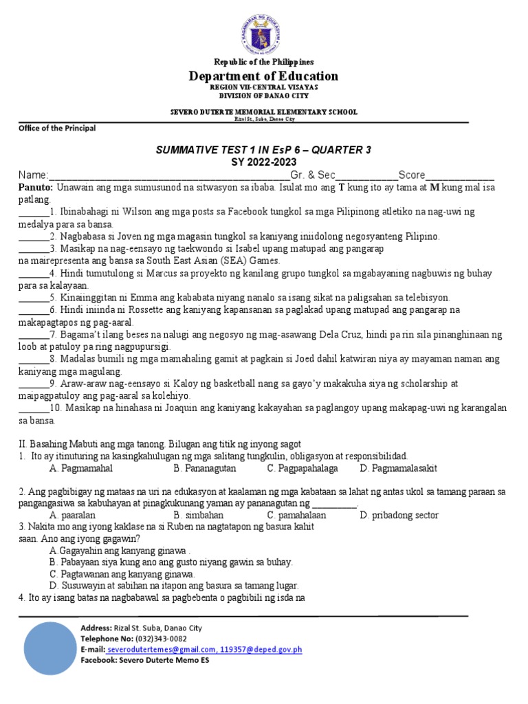 Summative Test 1 in Esp 6 | PDF