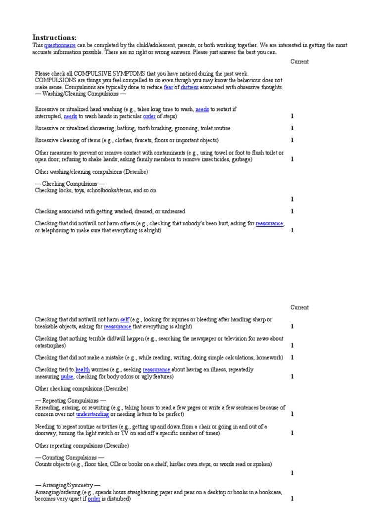 YBOCS Children Assessment | Download Free PDF | Obsessive–Compulsive ...