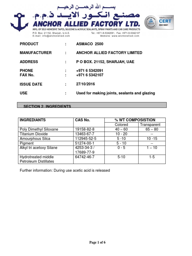 MSDS Asmaco 2500 Silicon Sealant PDF Fires Water