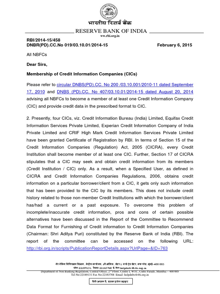 RBI Circular Dated 06.01.2015 On Credit Information Companies | PDF ...