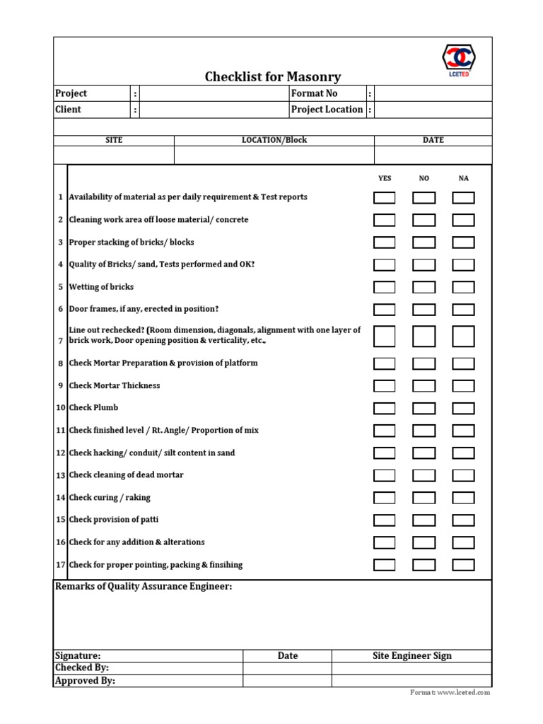 Brickwork Inspection Checklist | PDF | Technology & Engineering