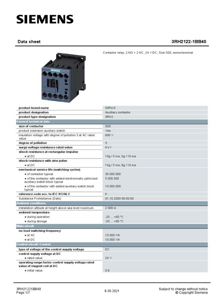 Data Sheet 3RH2122-1BB40 | PDF | Inductor | Physical Quantities