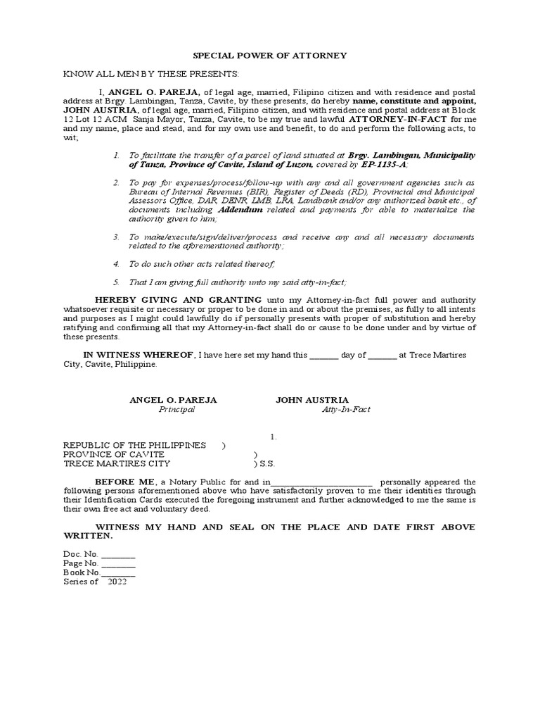 Spa (Transfer) | PDF | Power Of Attorney | Common Law