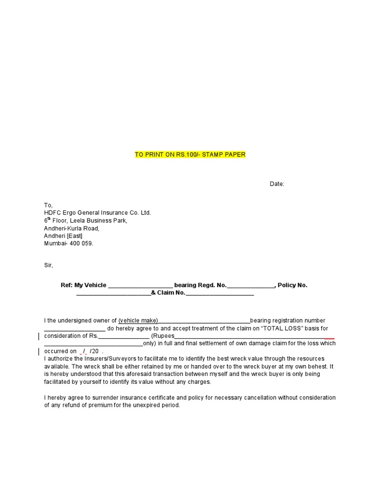 Total Loss Claim Consent Letter | PDF | Finance & Money Management