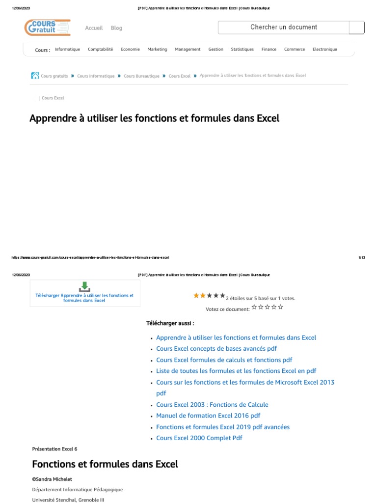 (PDF) Apprendre À Utiliser Les Fonctions Et Formules Dans Excel - Cours ...