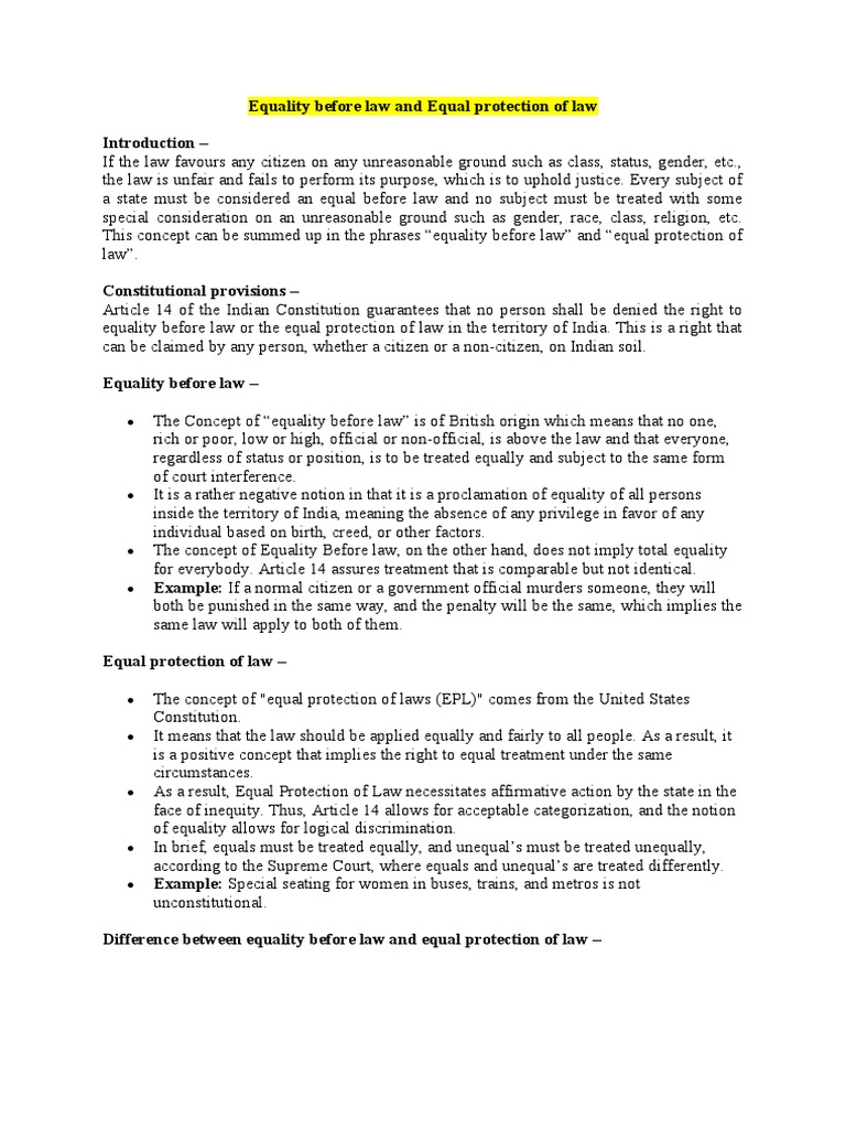 Equality Before Law vs. Equal Protection | PDF | Equal Opportunity ...