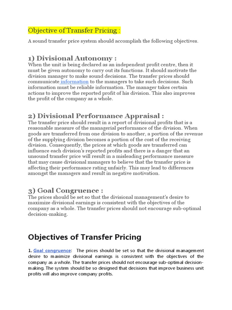 Objectives of Transfer Pricing Explained | PDF | Profit (Economics) | Taxes