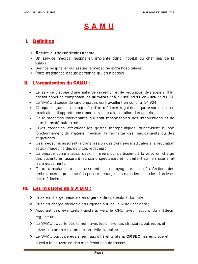 Définition et Organisation du SAMU | PDF