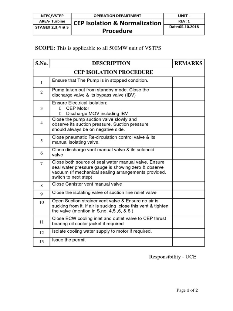 CEP Isolation & Normalisation Procedure | PDF | Valve | Pump