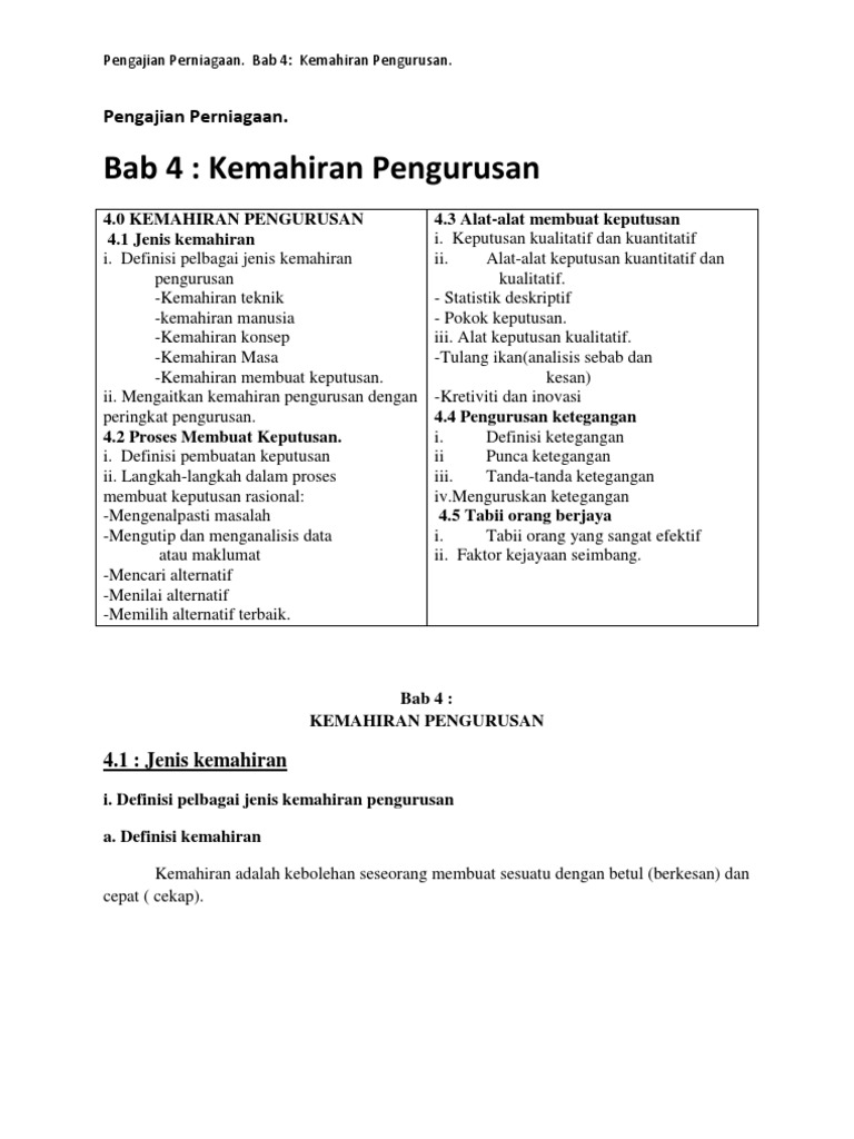 Pengajian Perniagaan Bab 4 Kemahiran Pengurusan Pdf