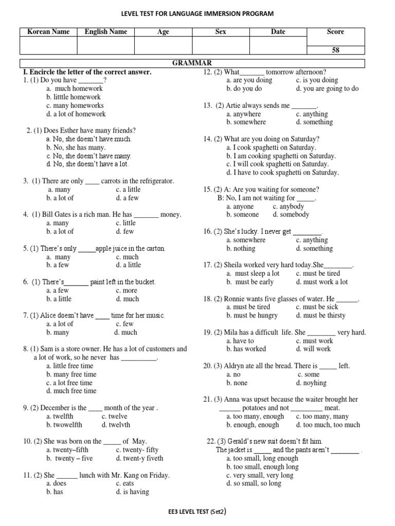 EE3 Language Immersion Level Test | PDF