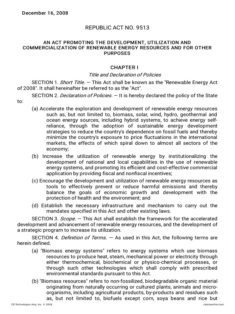 Renewable Energy Act Ra 9513 Pdf Hydroelectricity Electrical Grid