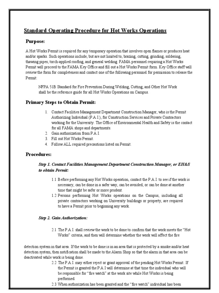 Standard Operating Procedure for Hot Works Operations | PDF ...