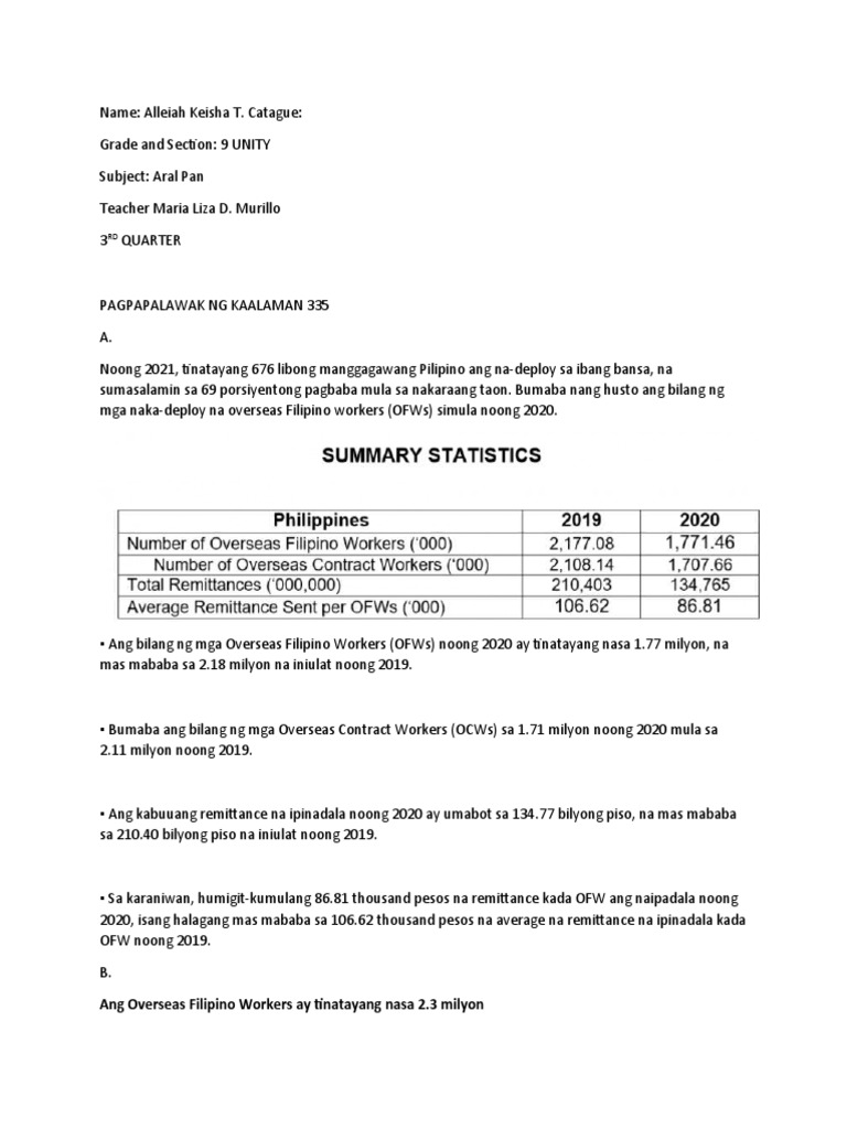 Ang Overseas Filipino Workers Ay Tinatayang Nasa 2.3 Milyon | PDF