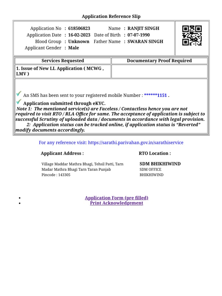 Application Reference Slip for LL | PDF