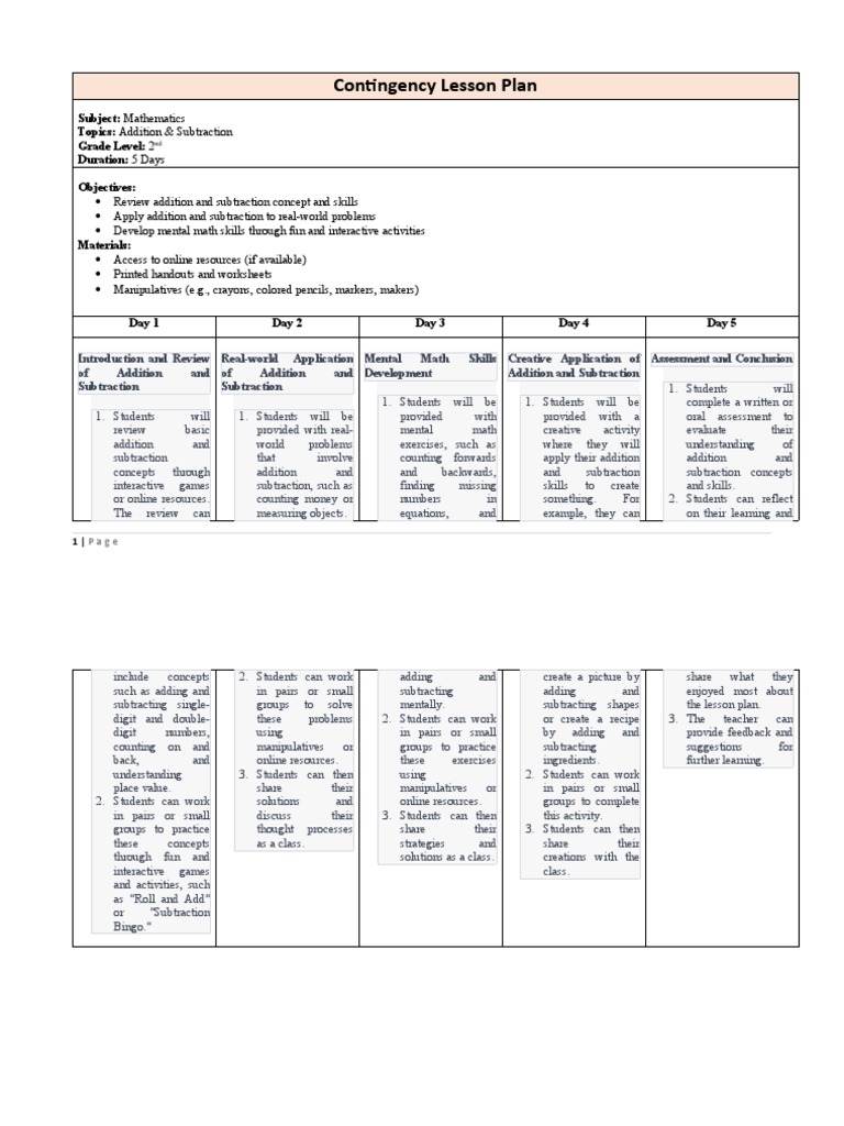 Grade 2 Contingency Math Plan | PDF | Mathematics | Lesson Plan