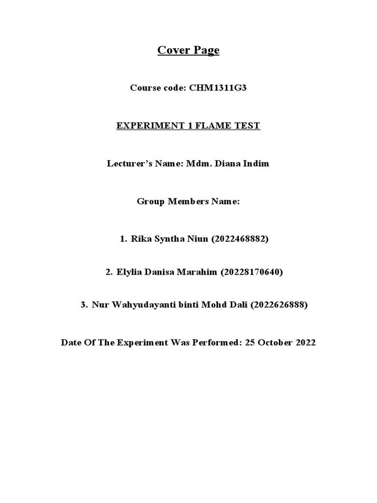 Lab Report Flame Test PDF Emission Spectrum Chlorine