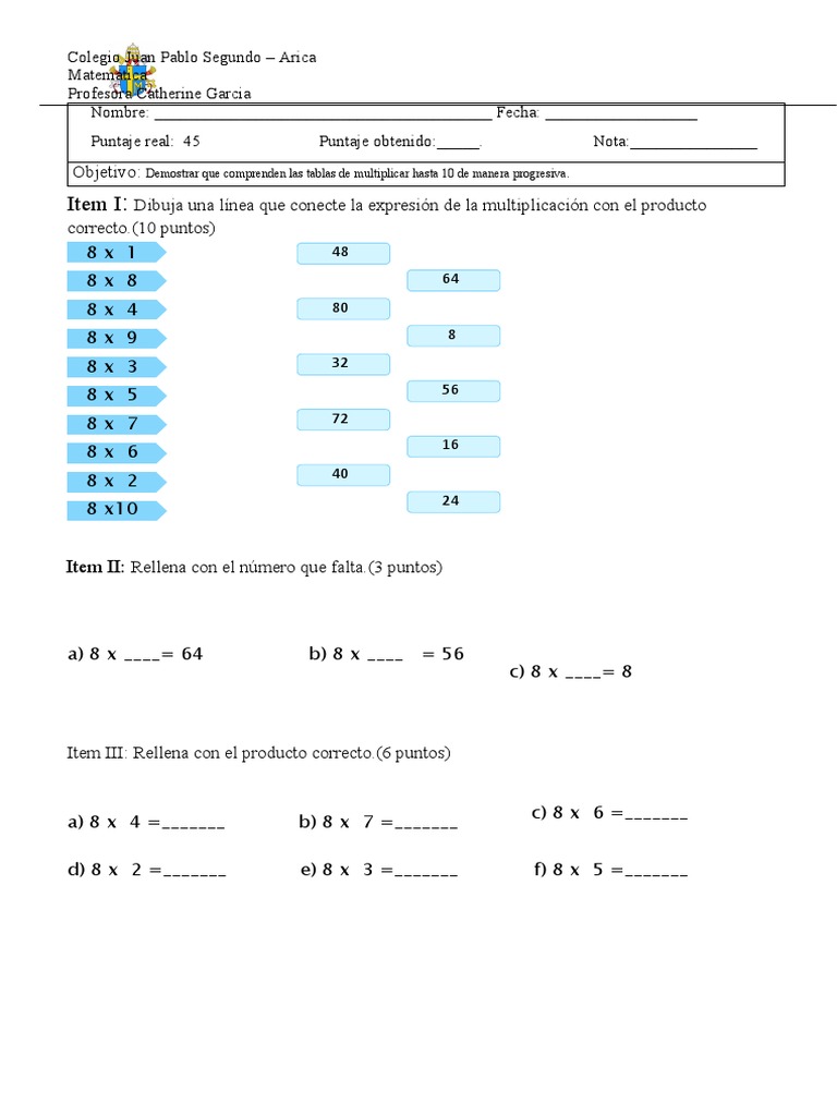 Control Tablas Del 8 y 9 PDF Matemáticas Aritmética