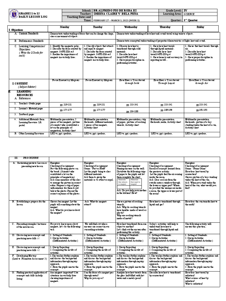 Grade 4 DLL: Science Week 3 Q3 | PDF | Heat | Magnet
