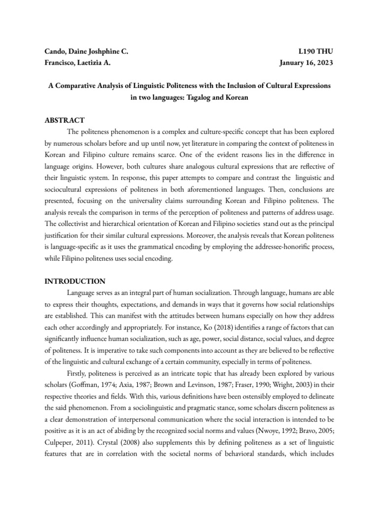 Politeness and Inclusion in Tagalog Culture | PDF | Korean Language ...