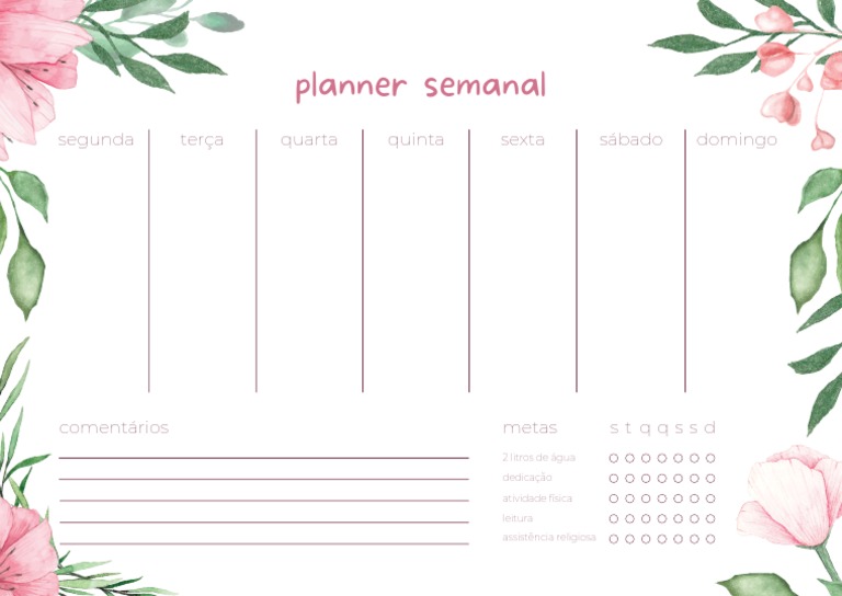 Planner Semanal: Segunda Terça Quarta Quinta Sexta Sábado Domingo | PDF