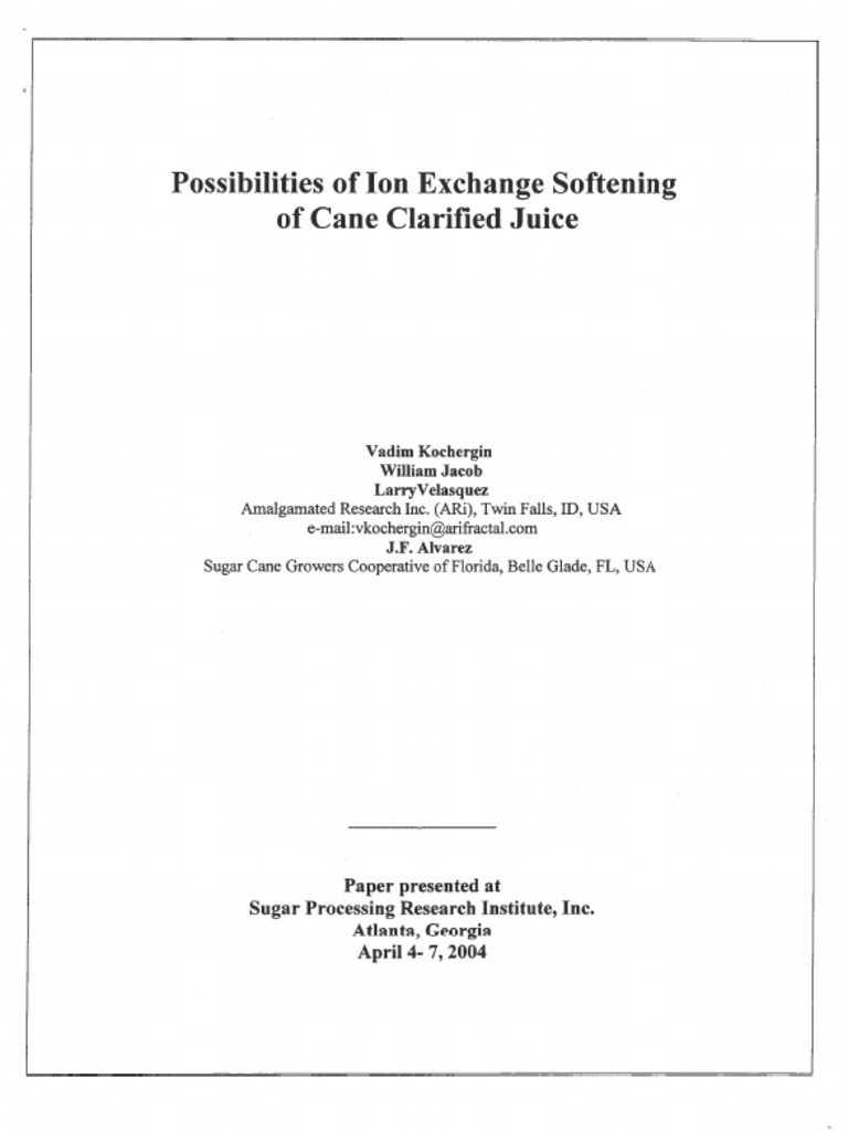 Possibilities of Ion Exchange Softening of Cane Clarified Juice PDF