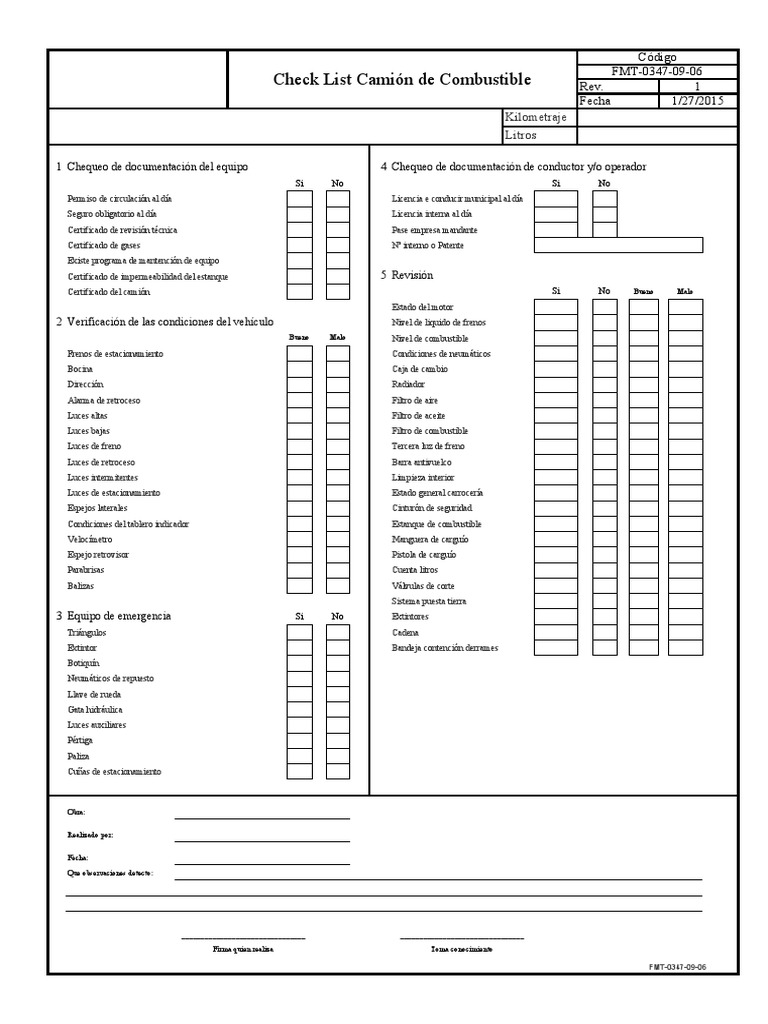 Checklist de inspección para camión de combustible | PDF | Neumático ...