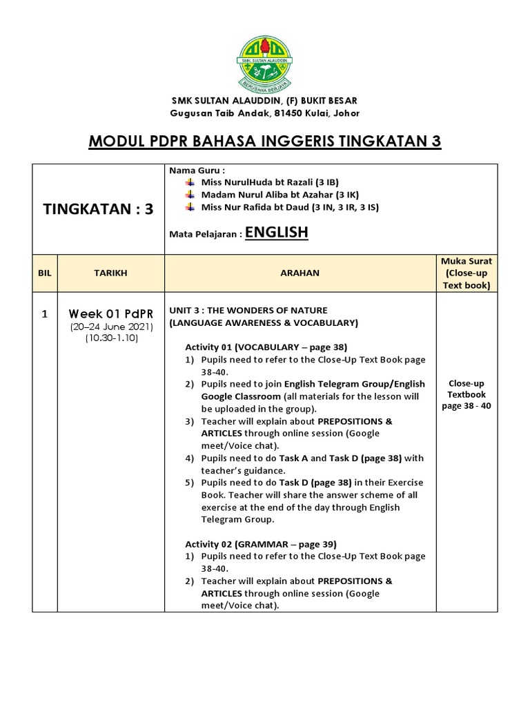 ARAHAN MODUL PDPR ENGLISH 2021 FORM 3 | PDF | English Language ...