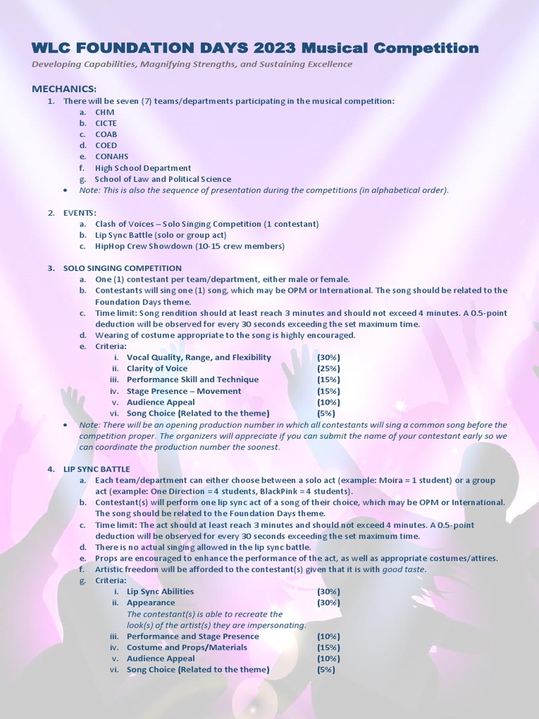WLC Foundation Days 2023 Music Contest | PDF | Dances | Costume