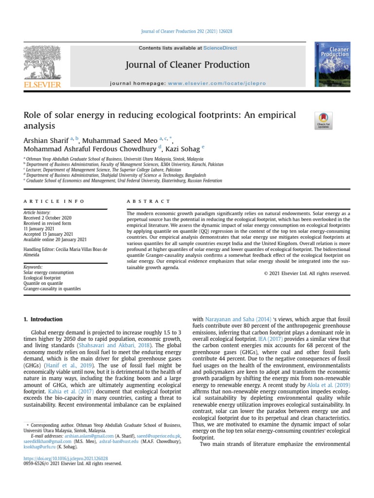 Role of Solar Energy in Reducing Ecological Footprints An Empirical ...