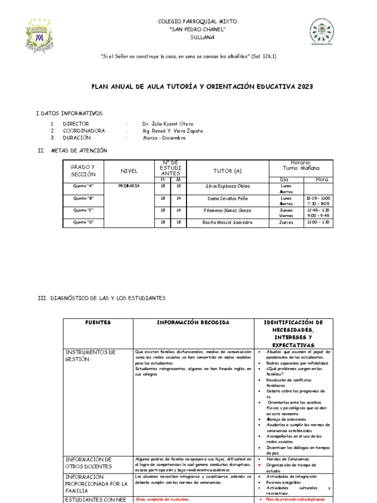 Plan Anual de Aula Tutoría Y Orientación Educativa 2023 | PDF ...