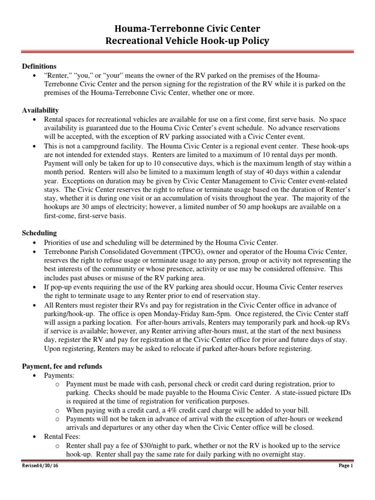 RV Hookup Policiesv01012017 PDF Renting Recreational Vehicle