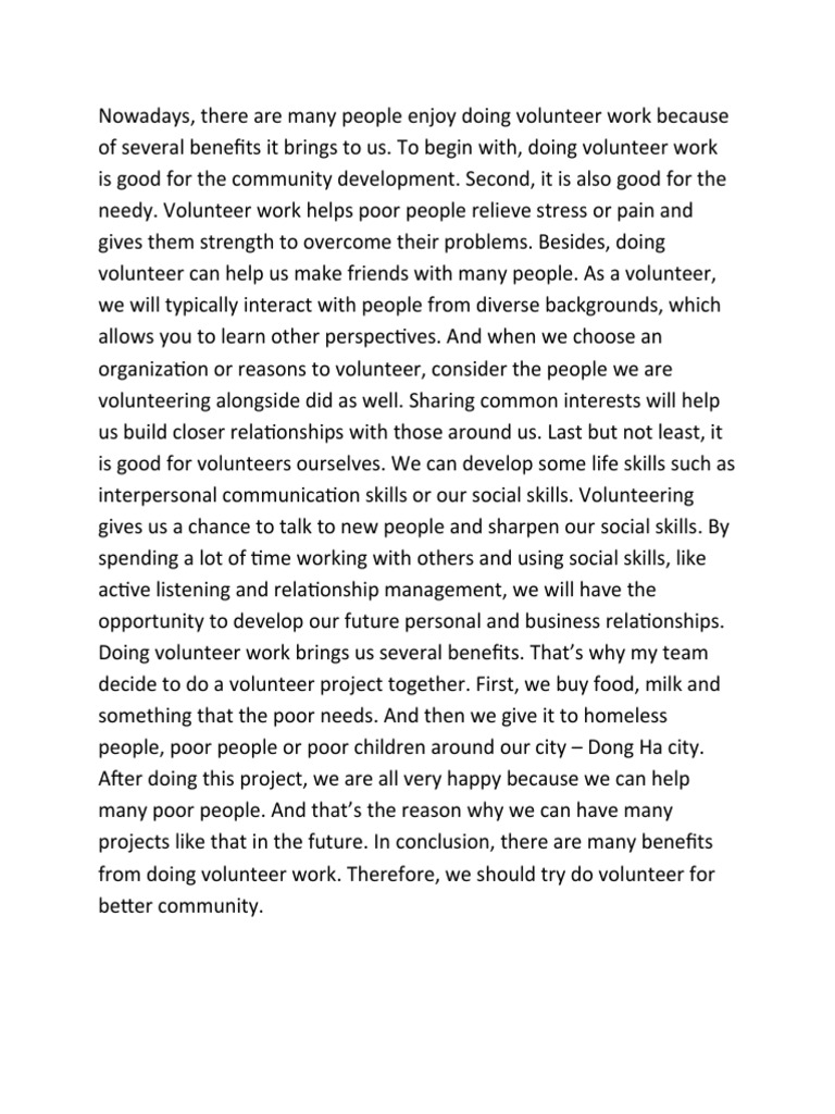 Benefits of Doing Volunteer Work | PDF