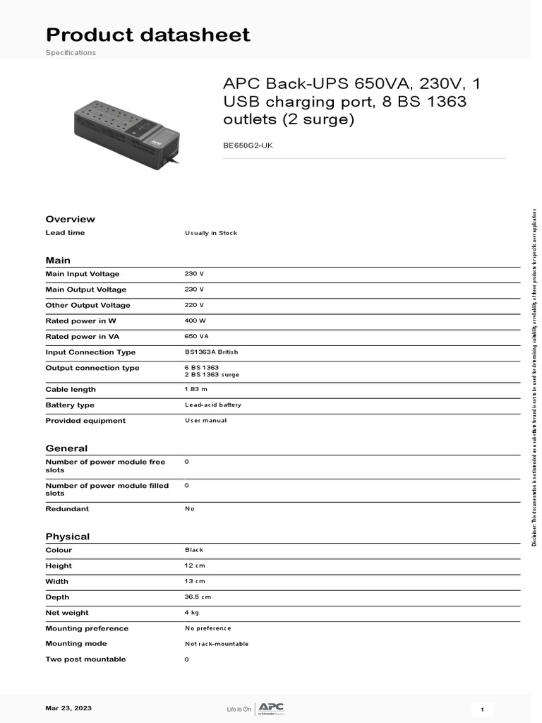 Back-UPS BE650G2-UK 2 | PDF | Mains Electricity | Usb