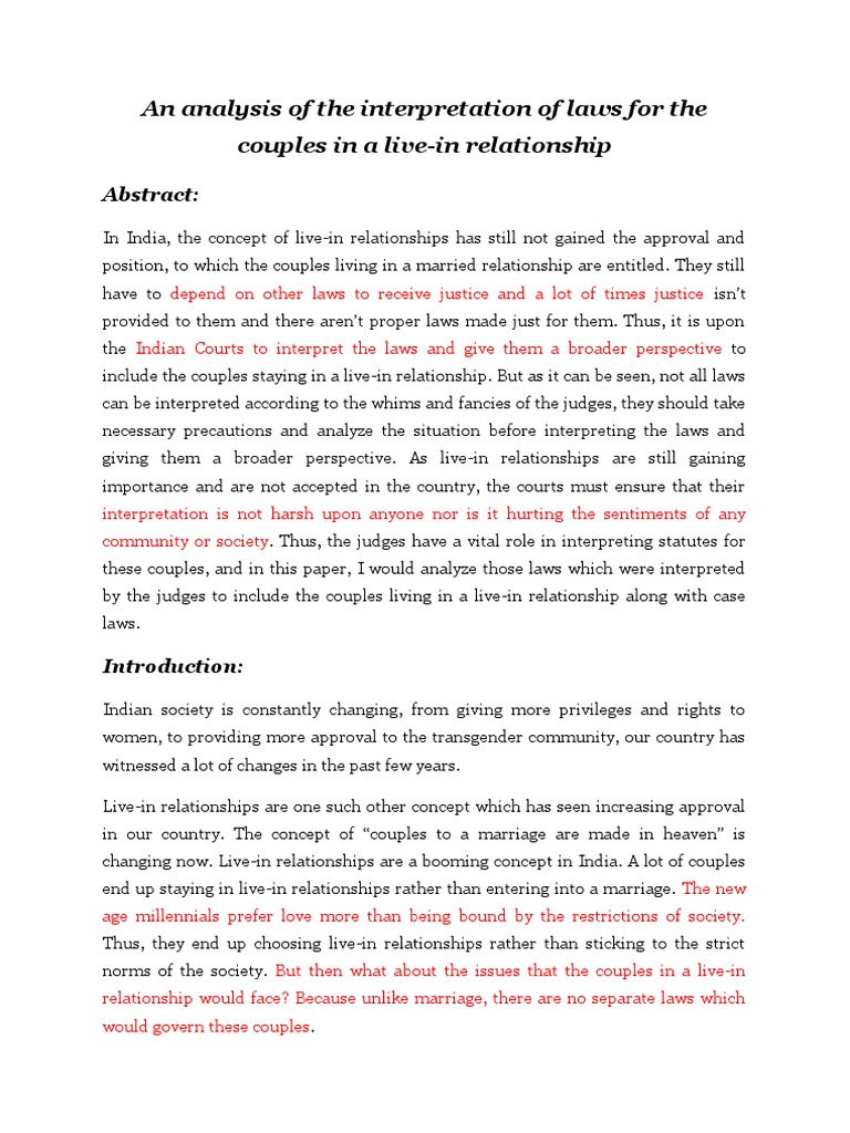 An analysis on the interpretation of laws for the couples in a live in