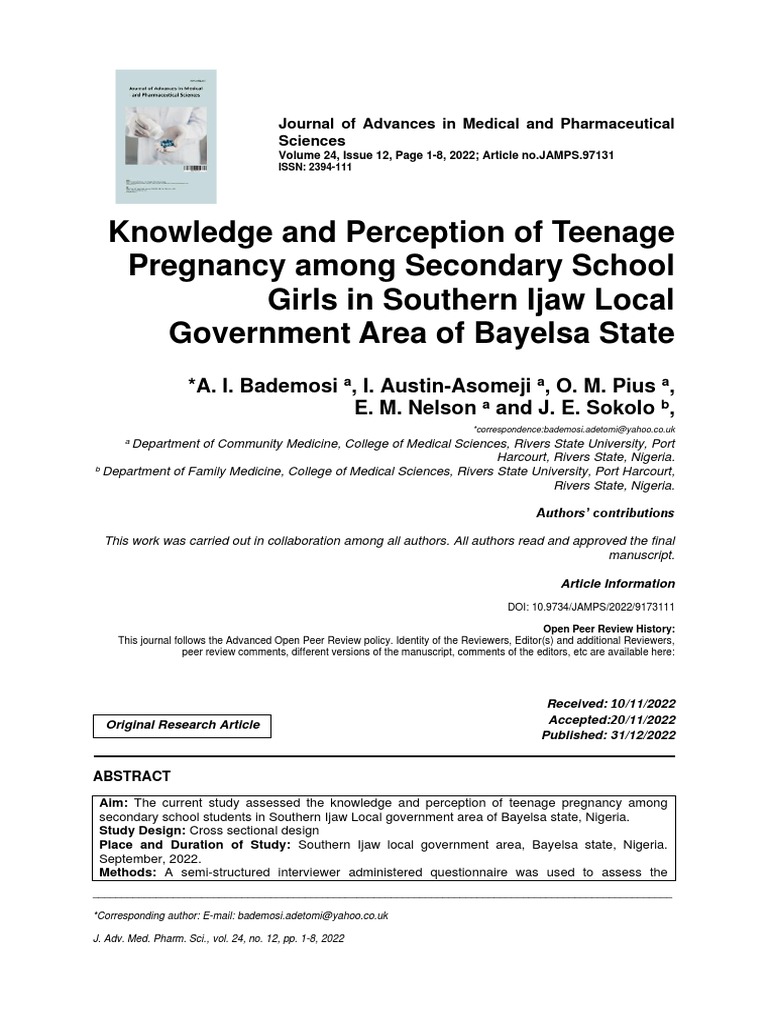 Knowledge and Perception of Teenage Pregnancy Among Secondary School ...