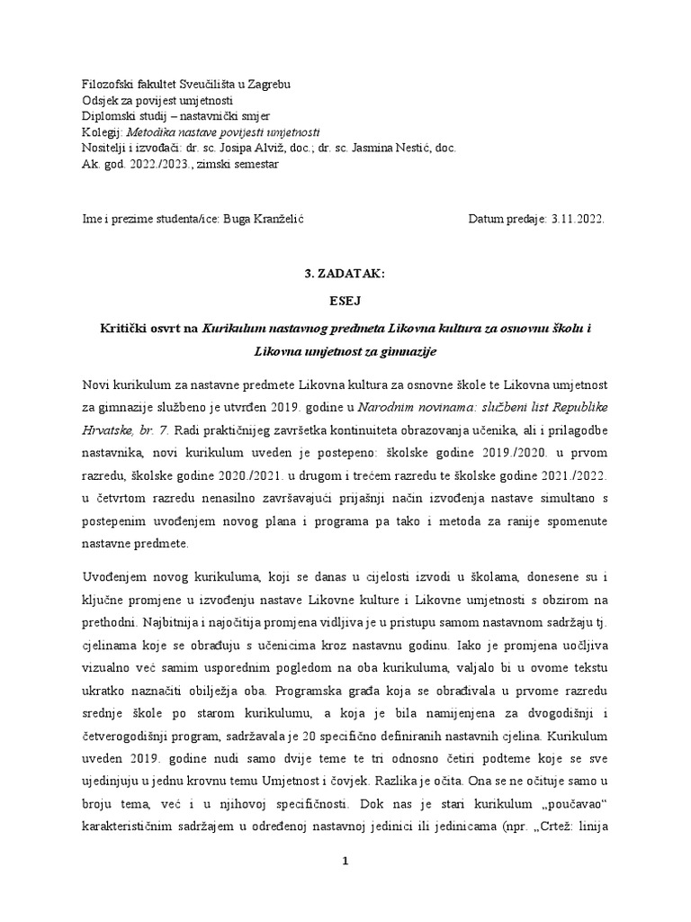 LU Kurikulum Osvrt Kranželić | PDF