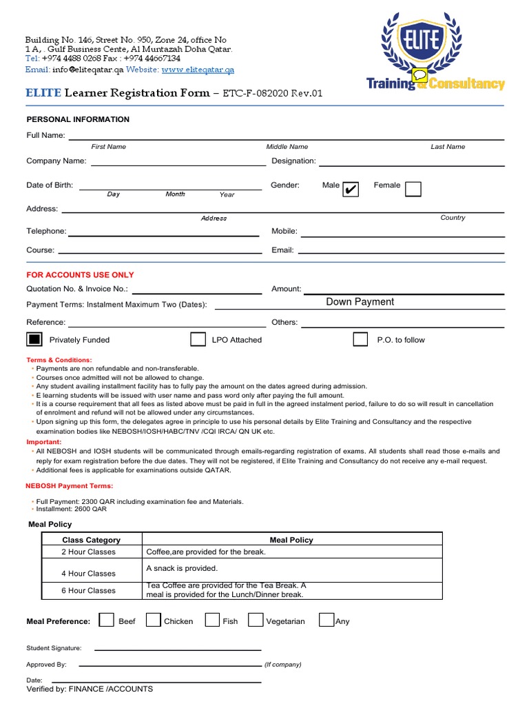 Elite Training Registration Form | PDF | Meal