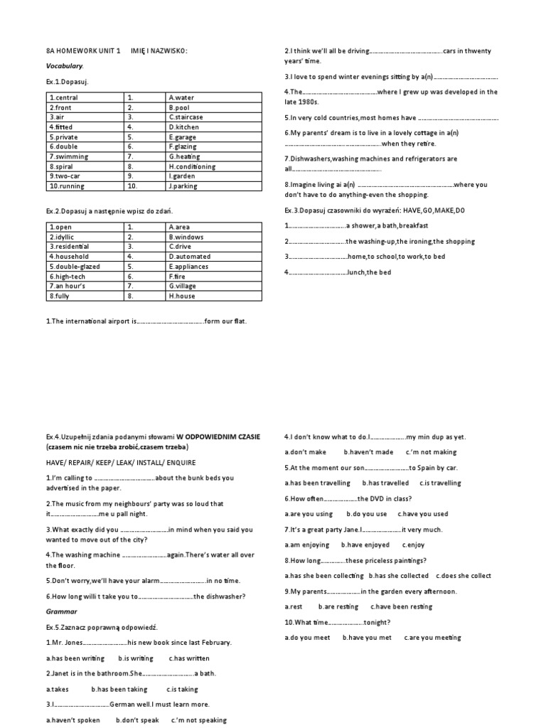 8a Homework Unit 1 Imię I Nazwisko | PDF | Foreign Language Studies ...
