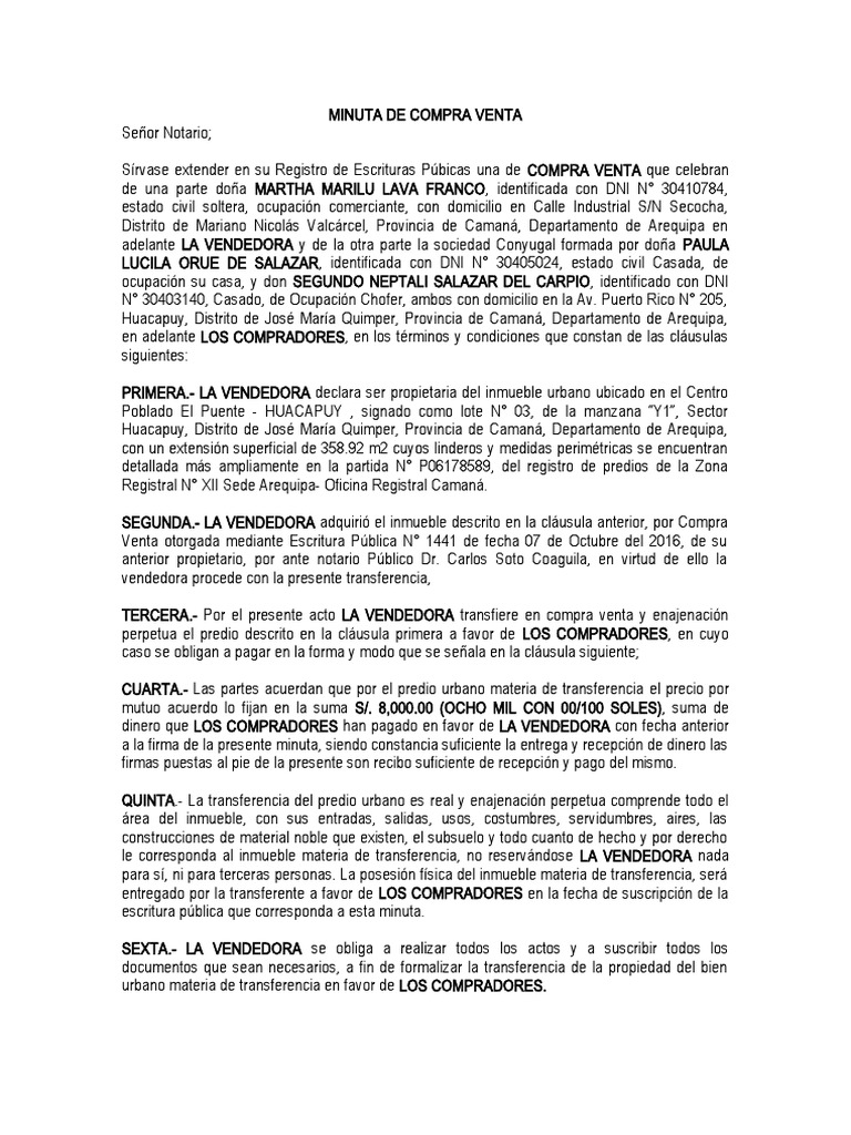Minuta De Compra Venta Huacapuy Pdf Importar Propiedad