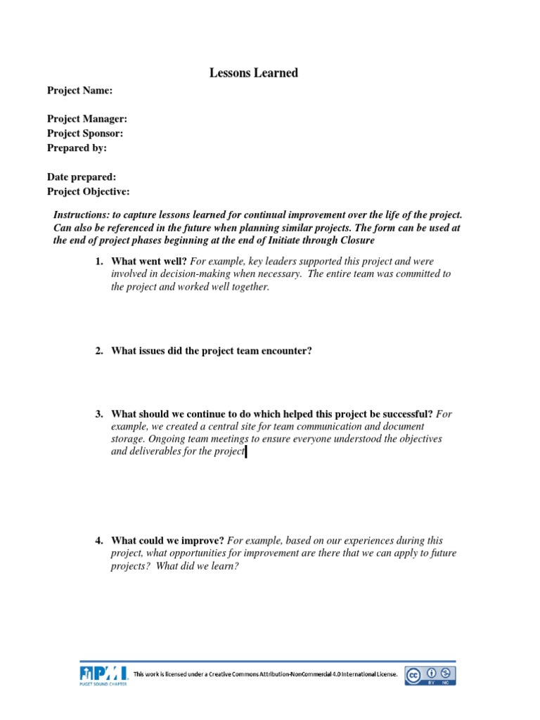 Lessons Learned PMI Template PDF