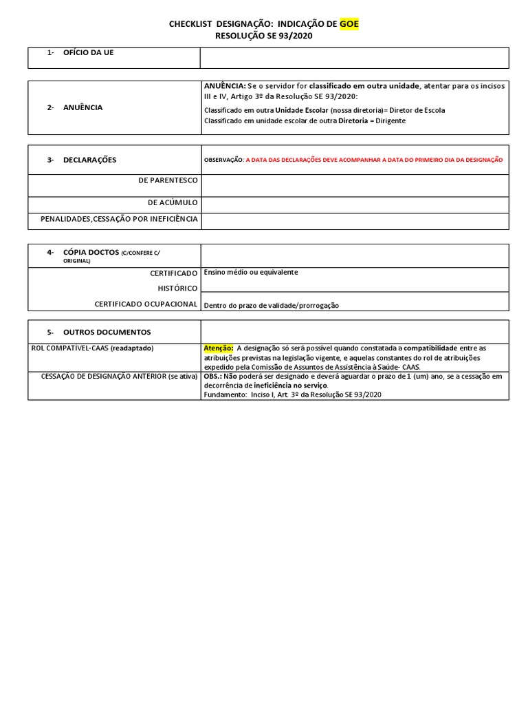 Checklist de Designação GOE | PDF