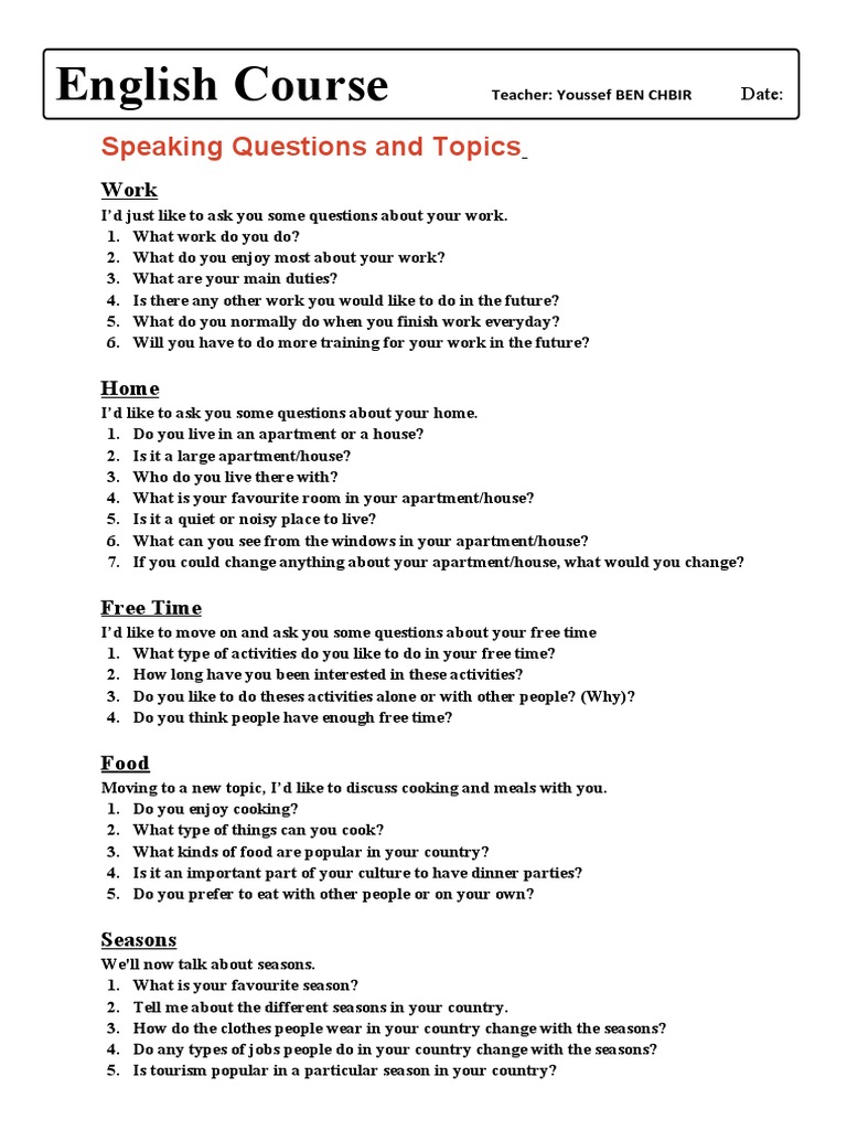 Speaking Questions and Topics Guide | PDF