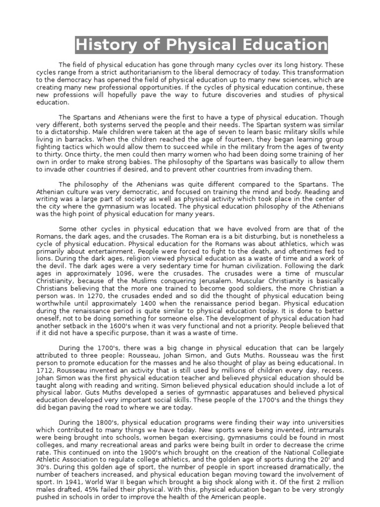 History of Physical Education PDF Physical Education Cognition