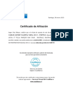 Certificado de Afiliación: CARLOS JAVIER VALDIVIA TAPIA, R.U.T.: 17133731-3, Domiciliado en TREVOL DE